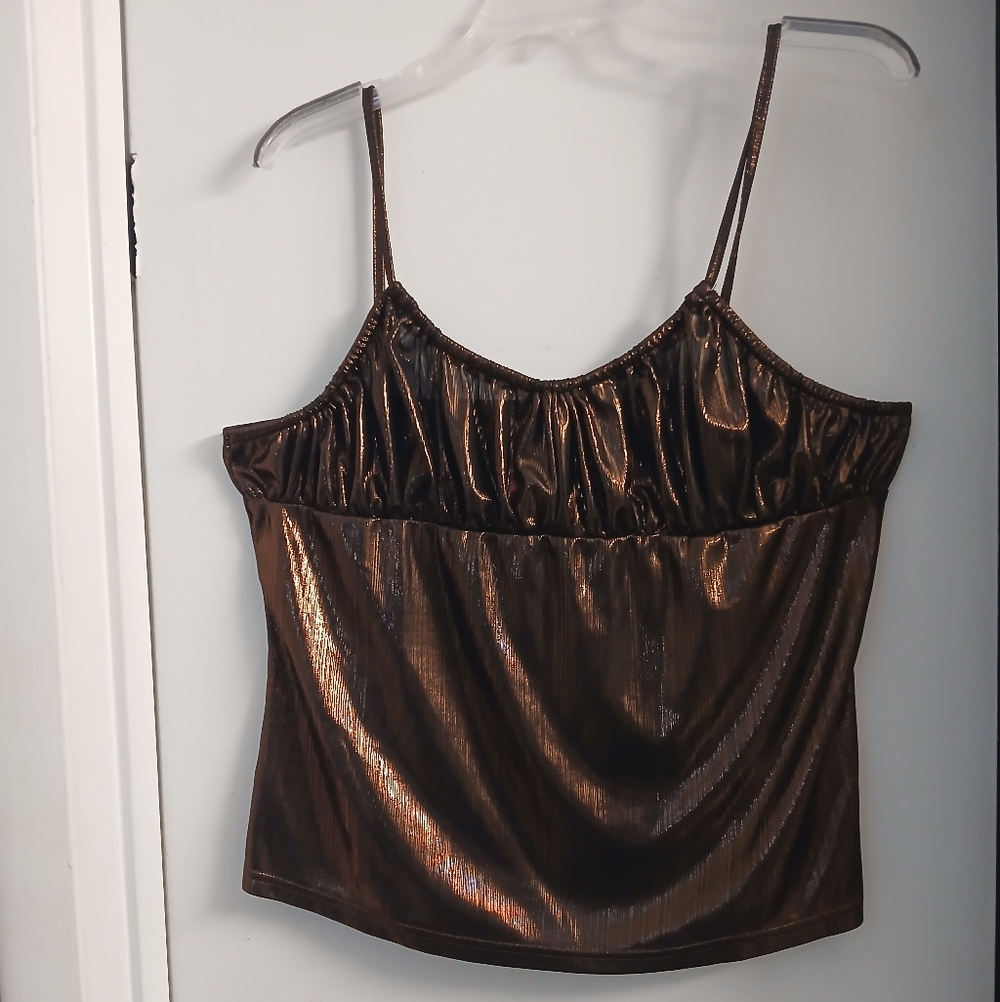 New! SHEIN Shiny Bronze Metallic Camisole Top With Gathered Bust NWOT